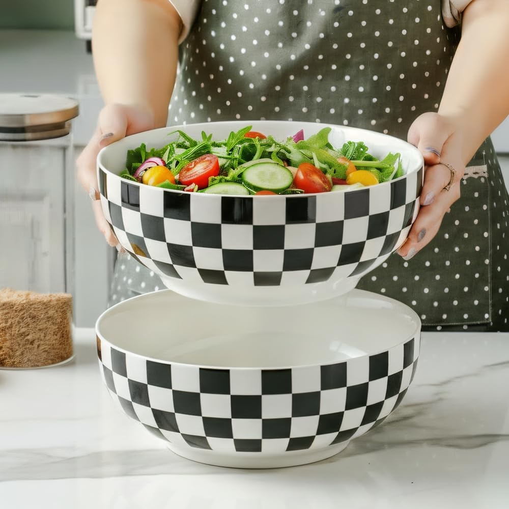 Extra Large Checkered Ceramic Bowls Set of 2, 10 Inch Classic Salad Bowl, Microwave & Dishwasher Safe, Porcelain Serving Bowls, Cereal & Modern Kitchen Decor Pasta (Black and White, 10 inch, 90 oz )