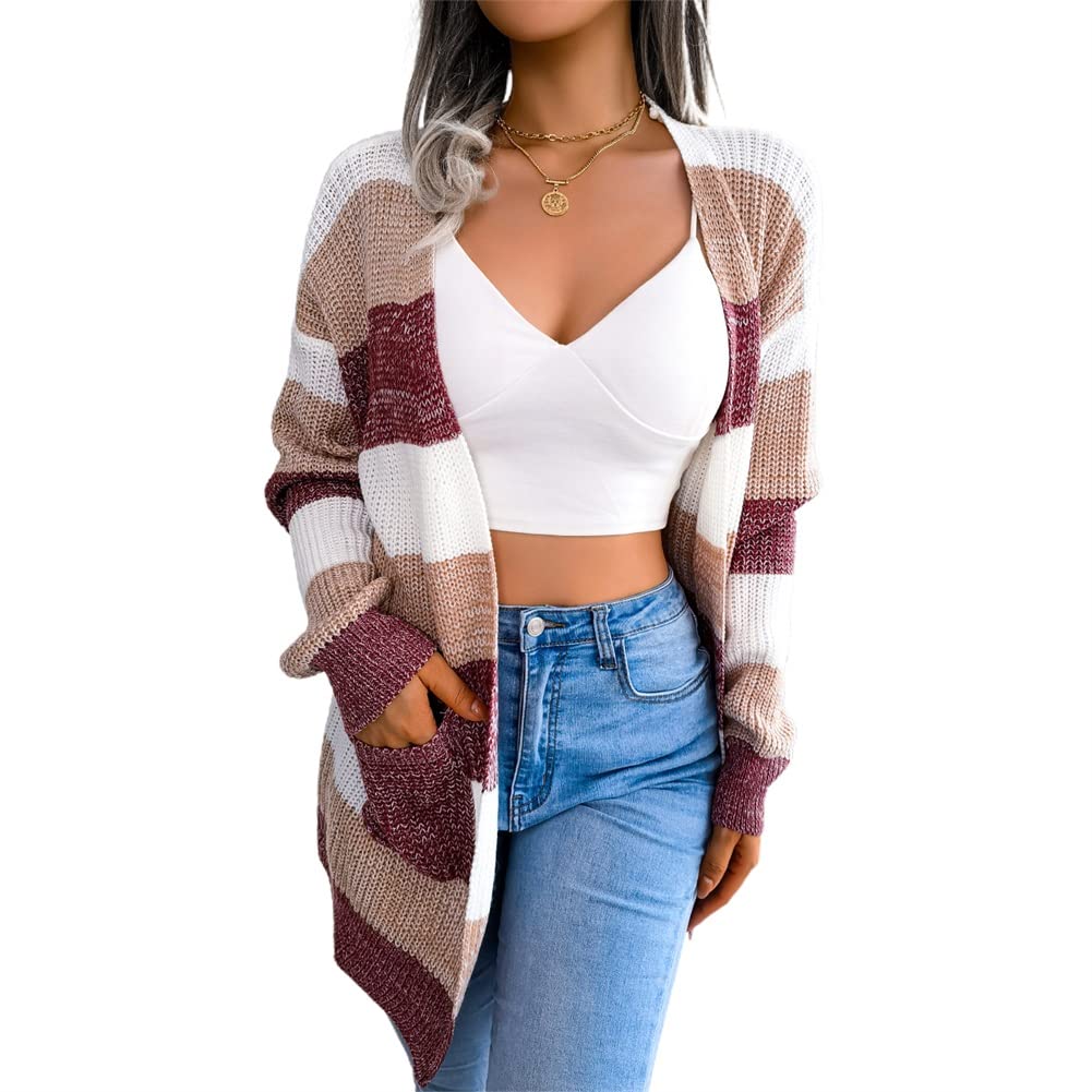 JUNBOON Women's Striped Long Sleeve Open Front Knit Cardigan Casual Pullover Sweater