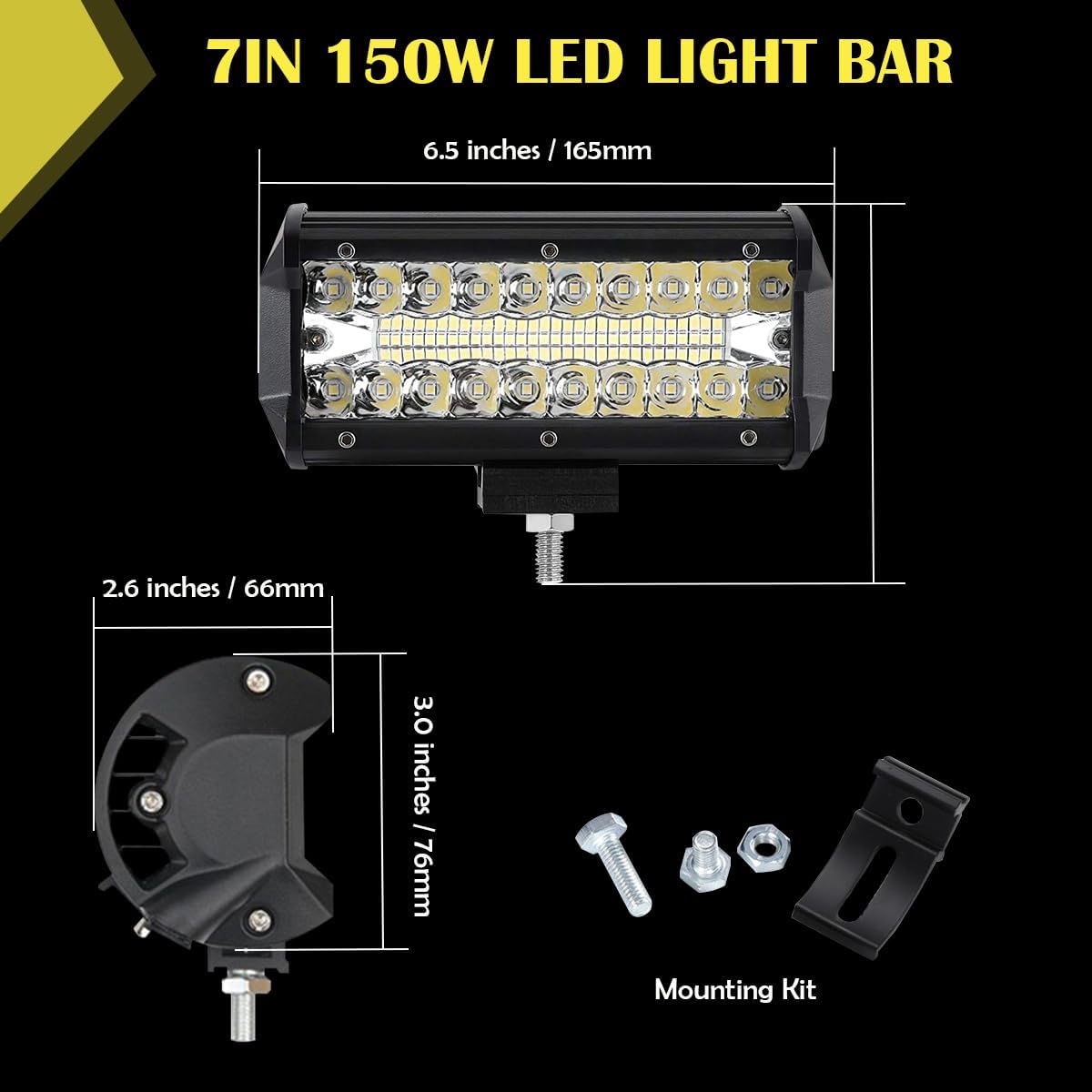 7 Inch LED Light Bar,150W 25,000LM Spot Flood Combo Beam LED Pod Lights for Tractors, Off Road Lights Pods Fog Lighting Work Lights for UTV ATV SUV Truck Tractor Pickup Boat (2 Pcs)