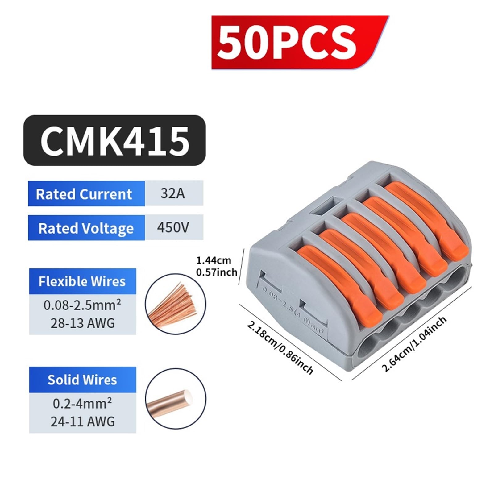 Connettore rapido a leva da 50 pezzi CMK41 Morsettiera a morsetto 3-5 porte 0,08-4mm² 28-11AWG(CMK415(5P))