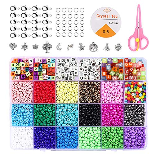 Pony Beads Kit 4mm Colorful Letter Beads for DIY Name Bracelets Jewelry Making and Craft Gift, with Elastic String, Charms Pendants,Storage Box & Much More