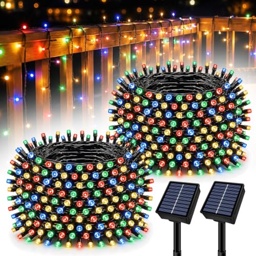 Solar String Lights Outdoor 2 Pack Total 66FT 200LED Solar Fairy Lights Waterproof 8 Modes Twinkle Solar Lights for Patio, Garden Yard Party Wedding Tree Christmas Halloween Decoration, Multicolor
