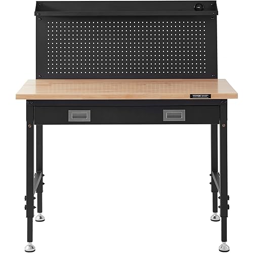 Miniatura 8 de VEVOR Banco de trabajo de altura ajustable de 28 a 39.5 pulgadas, banco de trabajo para garaje, tablón de roble y acero al carbono, banco de trabajo
