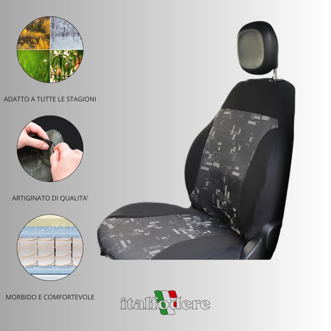 Italfodere - Coprisedili in Tessuto Compatibili con Fiat Panda 3ª Serie 2012> - Anteriori e Posteriori - Facili da Installare - Resistenti e Lavabili - Accessori Auto Interni - Made in Italy - Grigio