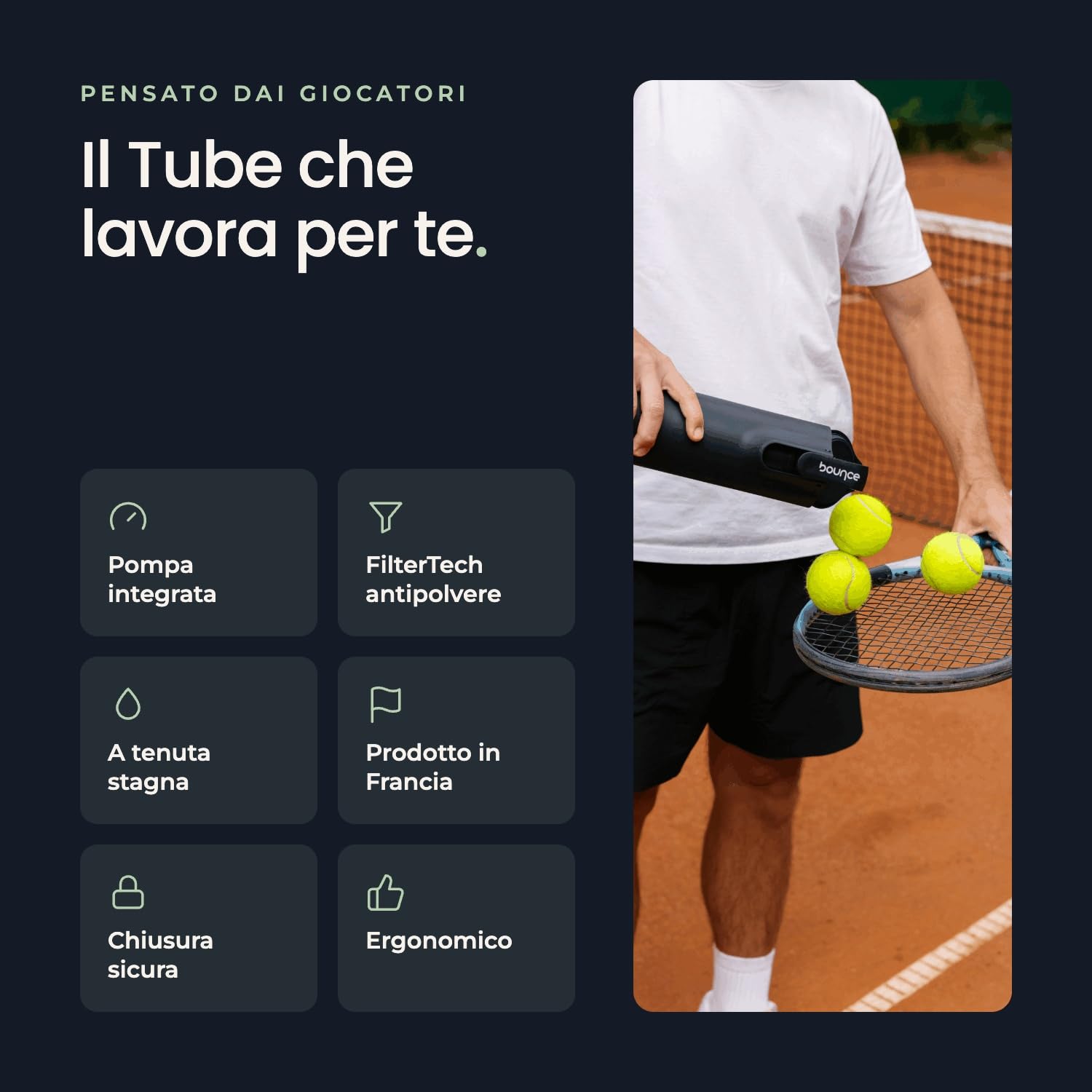 Bounce Tube FilterTech - Pressurizzatore Palline da Tennis | Durata x3 – Tenuta Ermetica Rinforzata 3 Settimane – Pompa Integrata Brevettata – Made in France
