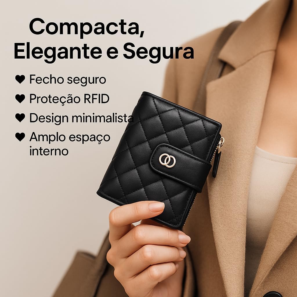 Carteira Feminina com Bloqueio RFID, 7 Compartimentos para Cartões, Bolso com Zíper para Moedas e Janela para Documento – Modelo Slim Clássica Preta