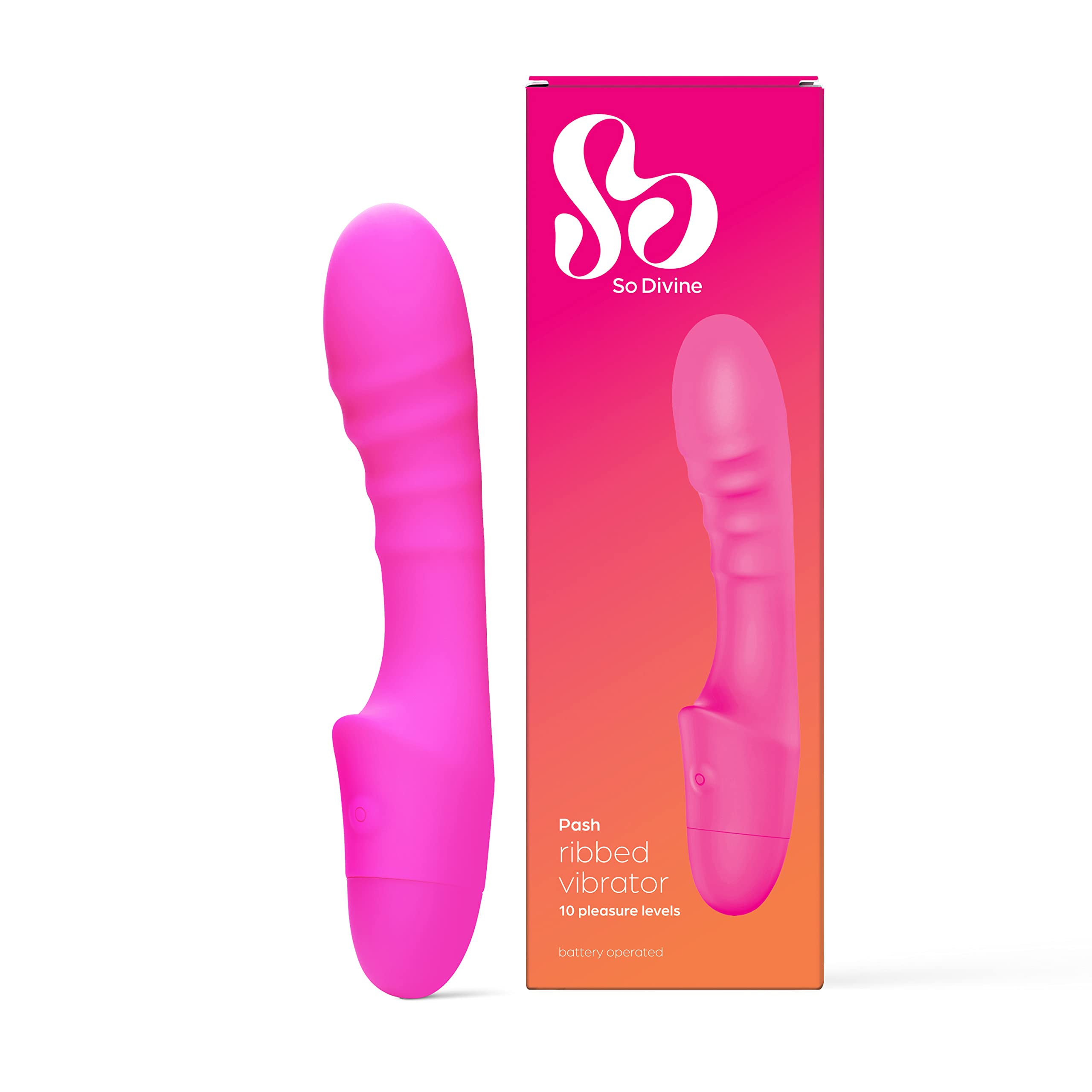 So Divine - Pash 10 Function Ribbed Dildo Vibrator - Powerful But Quiet Sex Toy For Women - Perfect For Beginners With Pinpoint Stimulation - Body Safe Silicone - Waterproof - Pink - Discreet Delivery