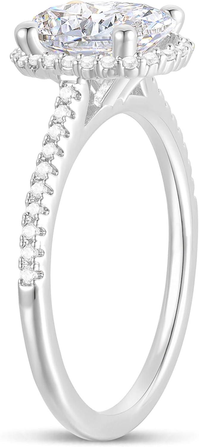 14K White Gold Oval Cut Moissanite Ring 14K Gold Halo Ring 2 Carat Oval Cut Moissanite Engagement Ring 4-Prong Halo Moissanite Rings for Women