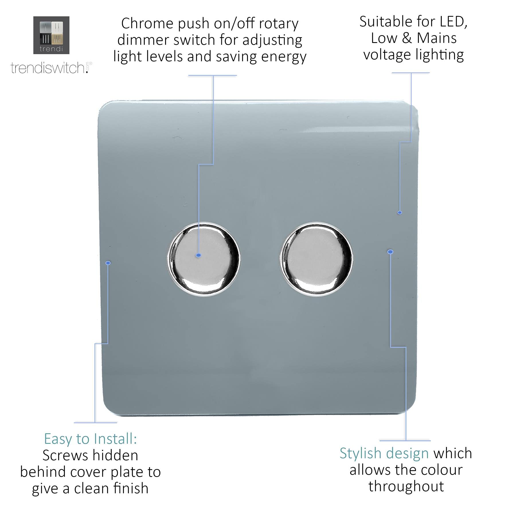 Trendi Artistic Modern Glossy Tactile 2 Gang 2 Way 120w LED Dimmer Switch Cool Grey - Image 2