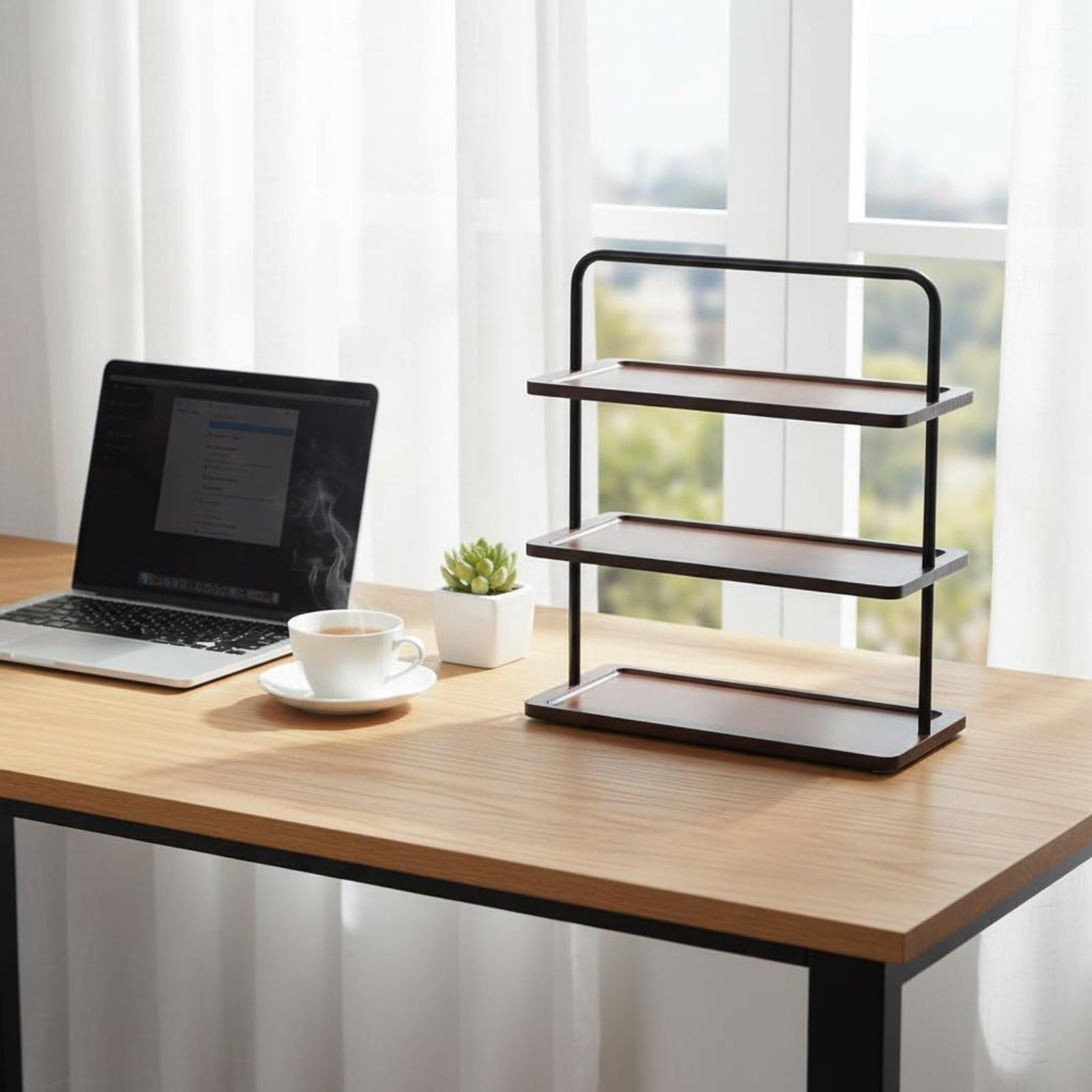 kowaku Scaffale Multistrato da Tavolo Ripiano Organizer Espositore Mensola in Legno con Struttura in Metallo Resistente E Protezione Superficie per Organizzazione Quotidiana Adatto per Scrivania