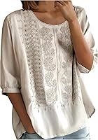 Rjognt Women's Embroidered Boho 3/4 Sleeve Cotton Linen Peasant Top Plus Size Gauze Blouse