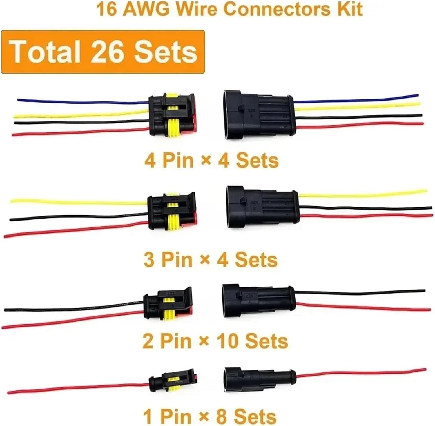 26Set 1/2/3/4Pin Connector Male and Female Way 20AWG Wire Suitable
