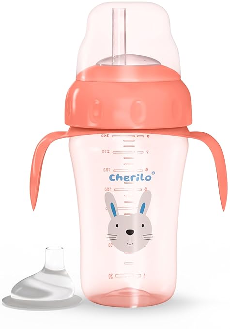 Cherilo Little Bunny Baby Sipper Bottle for Kids, Anti-Spill Sipper for Baby 6 to 12 Months, Silicone Spout & Straw Baby Water Bottle with Handle, Non-Toxic, BPA Free, Pink, 300ml, 6m+