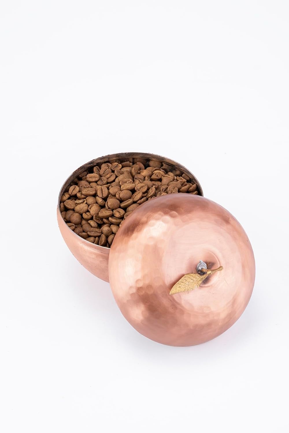 Handcrafted Copper Turkish Coffee Storage Container with Apple Motif - Includes Coffee Grinder Gift, 3 inch Diameter - Metallic, One Size