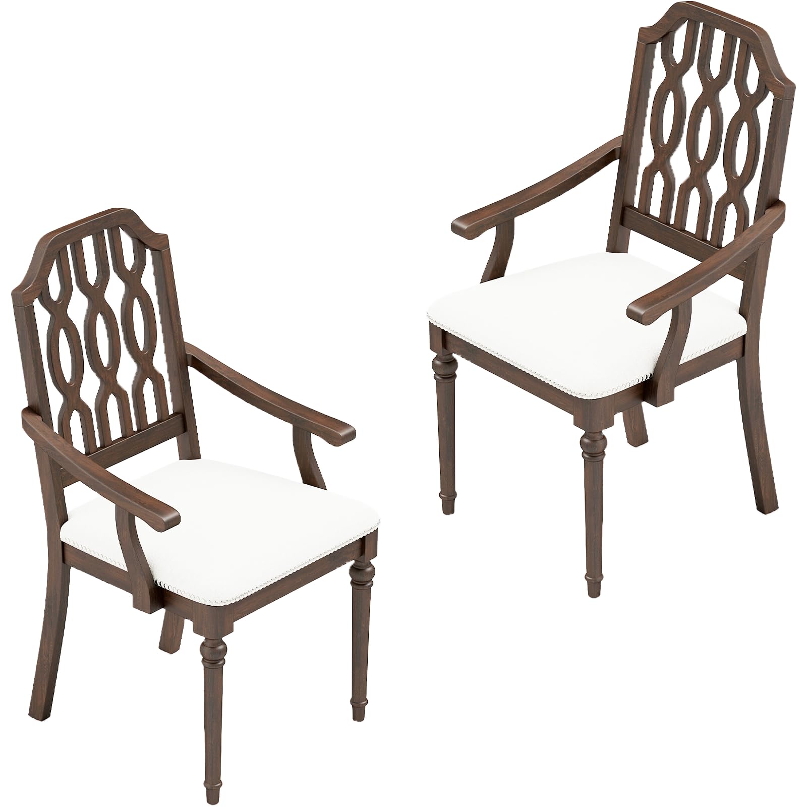 Kmax Dining Chairs Set of 2 Light Luxury Carving Craft Dining Room Chair with Brown Wood Frame Upholstered Seat Arm Chair with Lattice Back for