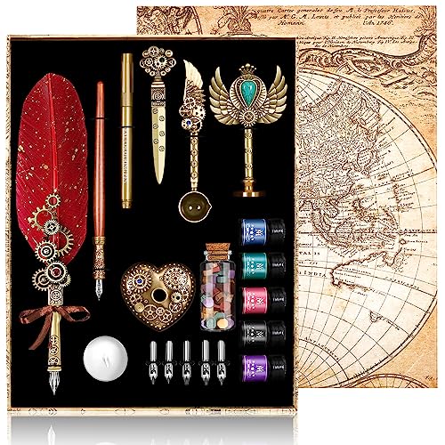 MPRINCE Juego de pluma y tinta, juego de tinta de pluma incluye pluma, bolígrafo de madera, 5 puntas reemplazables, 5 de tinta, sello, cuentas de cera, sobre y papel de carta, etc. Color rojo