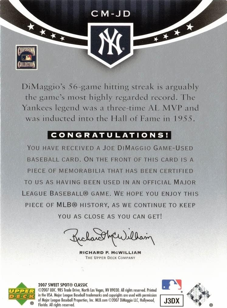2007 Upper Deck Sweet Spot Classic Memorabilia #CM-JD Joe DiMaggio Game Worn Yankees Jersey Baseball Card