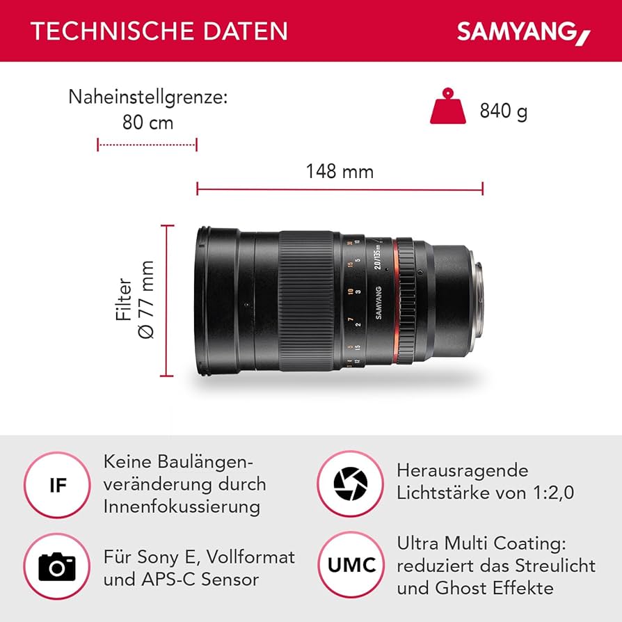 Amazon.com : Samyang 135 mm F2.0 Manual Focus Lens for Sony-E