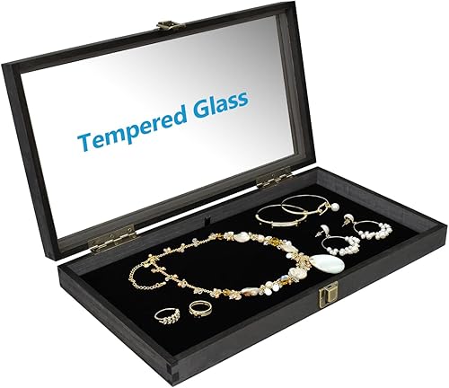 Miniatura 4 de MOOCA Caja de exhibición de joyería de madera tapa superior de vidrio templado vitrina de piedras preciosas caja de almacenamiento de accesorios de