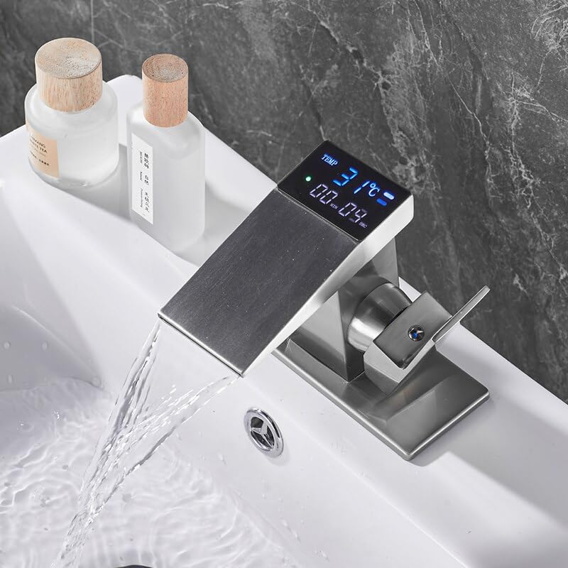 Robinet cascade LED avec affichage de température pour évier noir