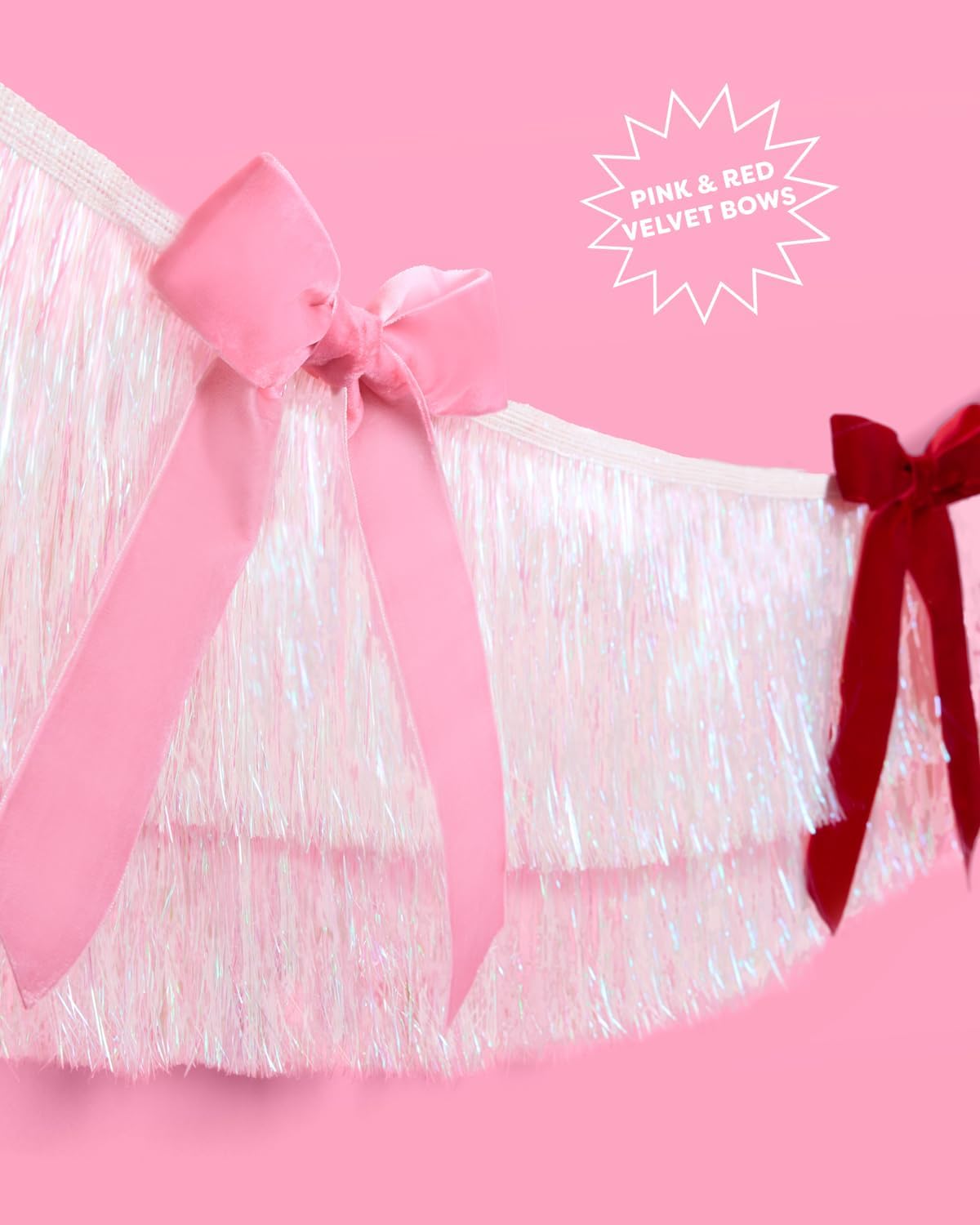 xo, Fetti Bows and Fringe Banner - White Iridescent, 6 Ft. | Red Velvet Christmas Bow Party Decoration, Pink Holiday Xmas Sign, Winter Photoshoot Backdrop