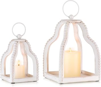 Wood Lanterns Decorative Indoor Farmhouse Hanging Candle Holder Set of 2 White Table Centerpiece Fireplace Mantle Shelf Rustic Home Decor Fall Decoration