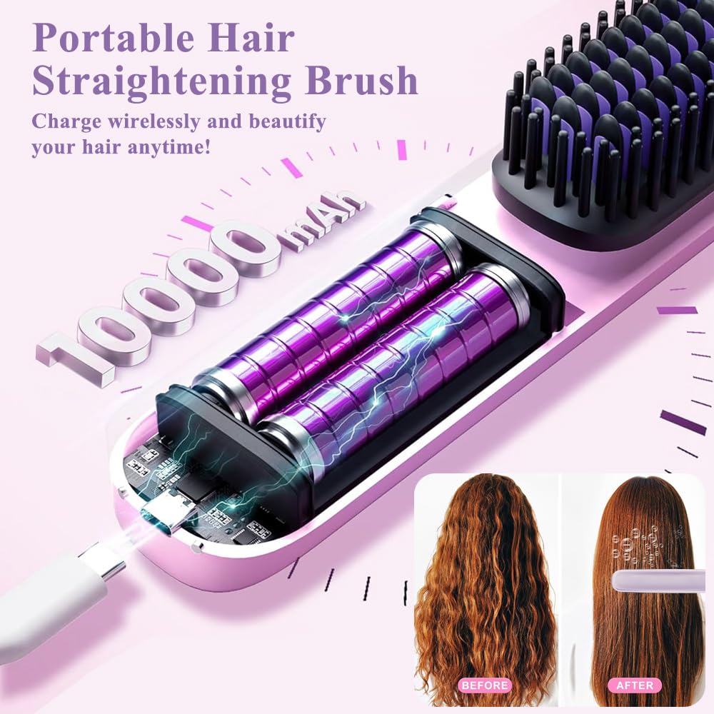 Spazzola Lisciante per Capelli Senza Fili, Mini Spazzola Lisciante per Capelli, 140°C-200°C 3 impostazioni di temperatura con display a LED, ideale per i viaggi e l'uso quotidiano (viola)