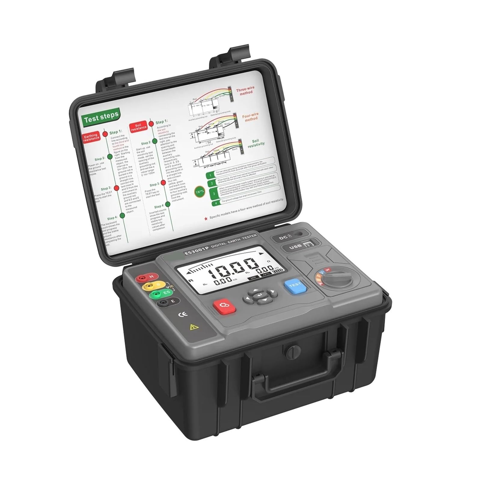 Tester rezystancji, ES3000P ES3001P ES3002E Wielofunkcyjny tester rezystancji uziemienia Rezystancja 0-200,0 kΩ Rezystywność gleby Napięcie AC DC 1000 V(ES3001P 2000kohm)