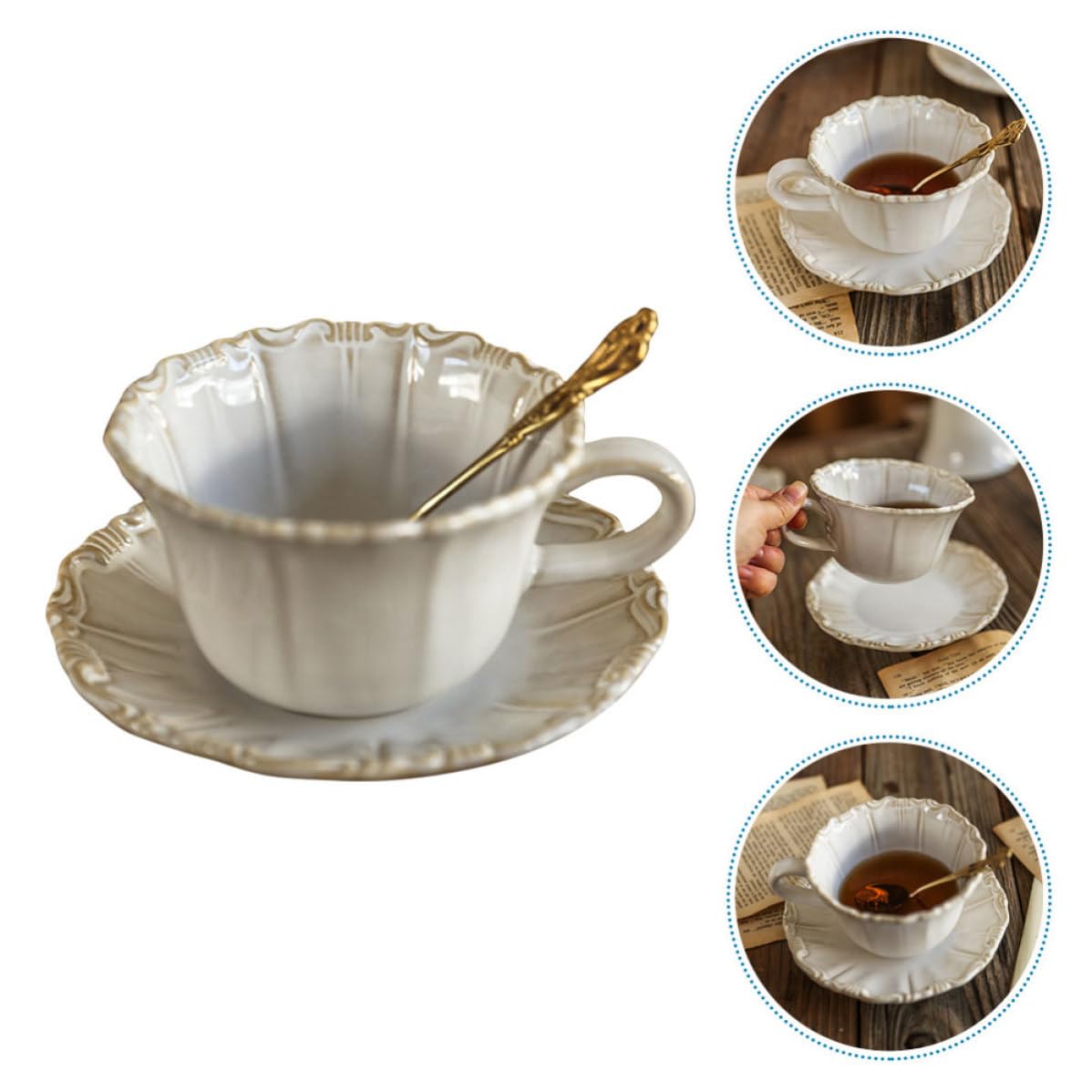 DECHOUS Juego de Taza de Cerámica Estilo Elegante Vintage de 300ml Platillo Antideslizante y Fácil de Limpiar, Adecuado para Disfrutar Café o Té en Casa