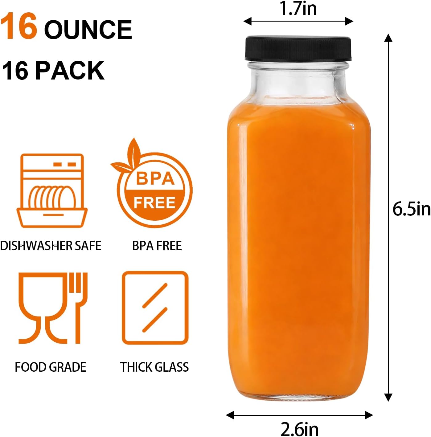16 Pack 16 oz Glass Juice Bottles with Lids, Reusable Juice Containers with Cleaning Brush, Square Glass Water Bottles Drinking Jars for Juicing, Smoothies, Beverages, Milk, Kombucha