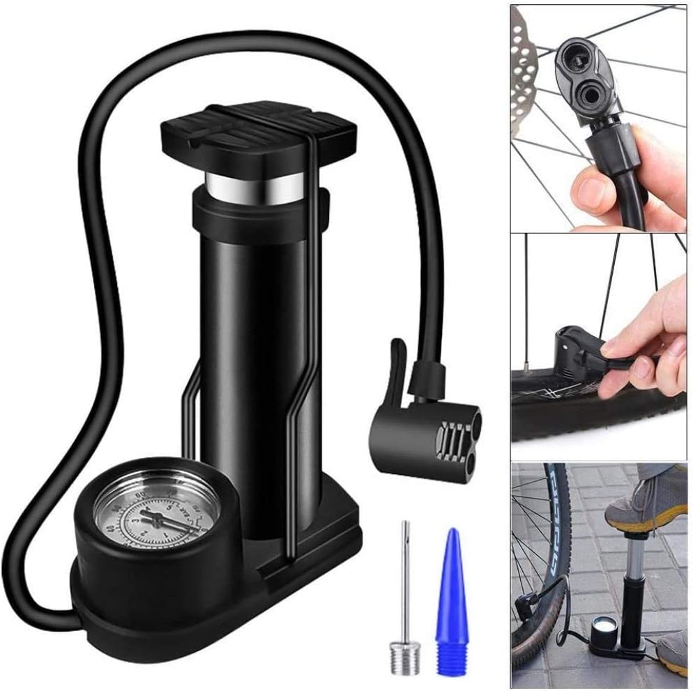 qiuqiu Bike Pump, Portable Mini Bicycle Pump, Pedal Bicycle Tire Inflator with Pressure Gauge, Ergonomic Bike Floor Pump for Bicycle, Bicycle Accessories