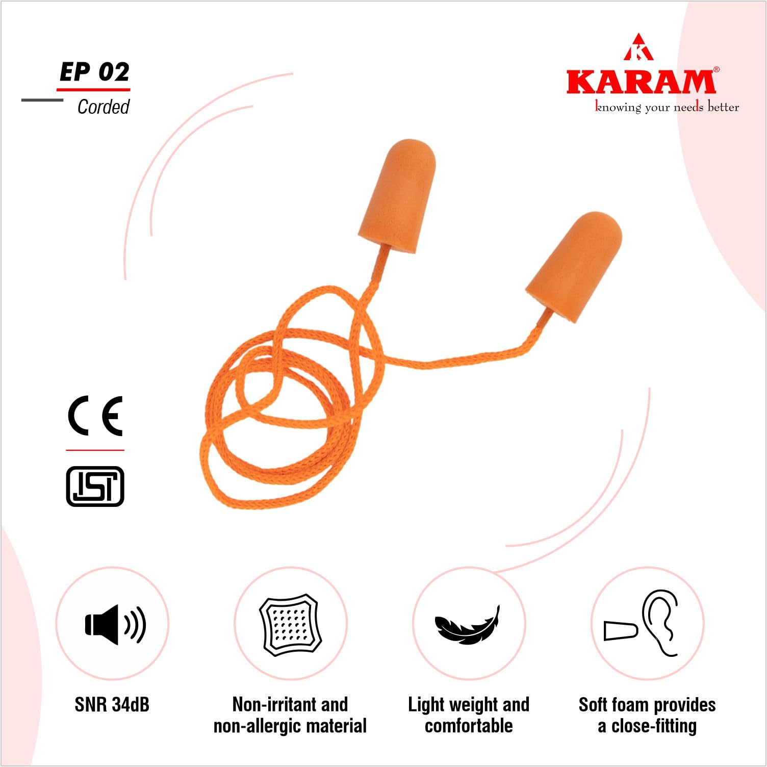 KARAM EP02 Disposable Foam Corded Ear Plugs with Cottan Thread | Noise Reduction Earplugs for Sleeping, Work, Swimming & Construction | Soft & Comfortable with SNR 34dB - Image 2 thumbnail