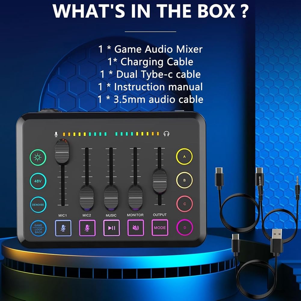 Mixer audio per gaming, mixer per PC streaming RGB con interfaccia microfono XLR, controllo volume, alimentazione phantom da 48 V per podcast