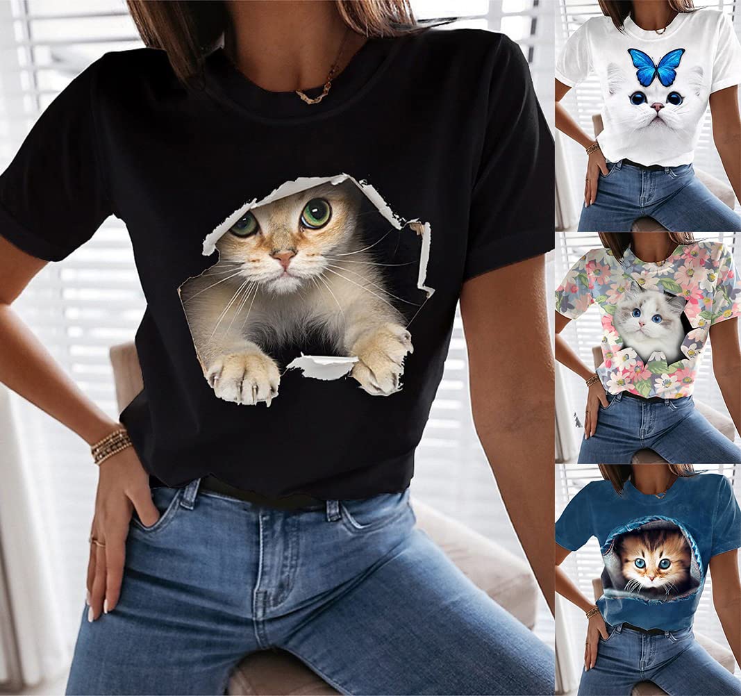 Tomwell Camicia da Donna Gatto 3D Carino Girocollo Gatto Stampa T-Shirt Manica Corta Maglione Allentato Casual Cat Shirt Top