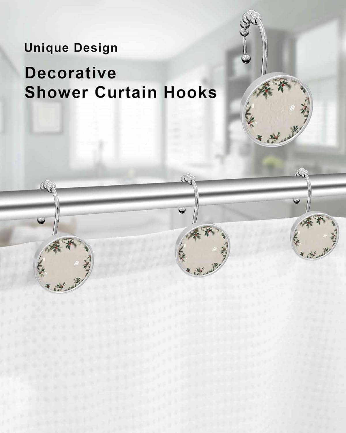 Shower Curtain Hooks 12 Pcs Christmas Winter Pine Needle Plants Berries Linen Pattern Stainless Steel Rust Proof Rolling Shower Curtain Rings, Decorative Shower Curtain Hooks Hangers for Bathroom
