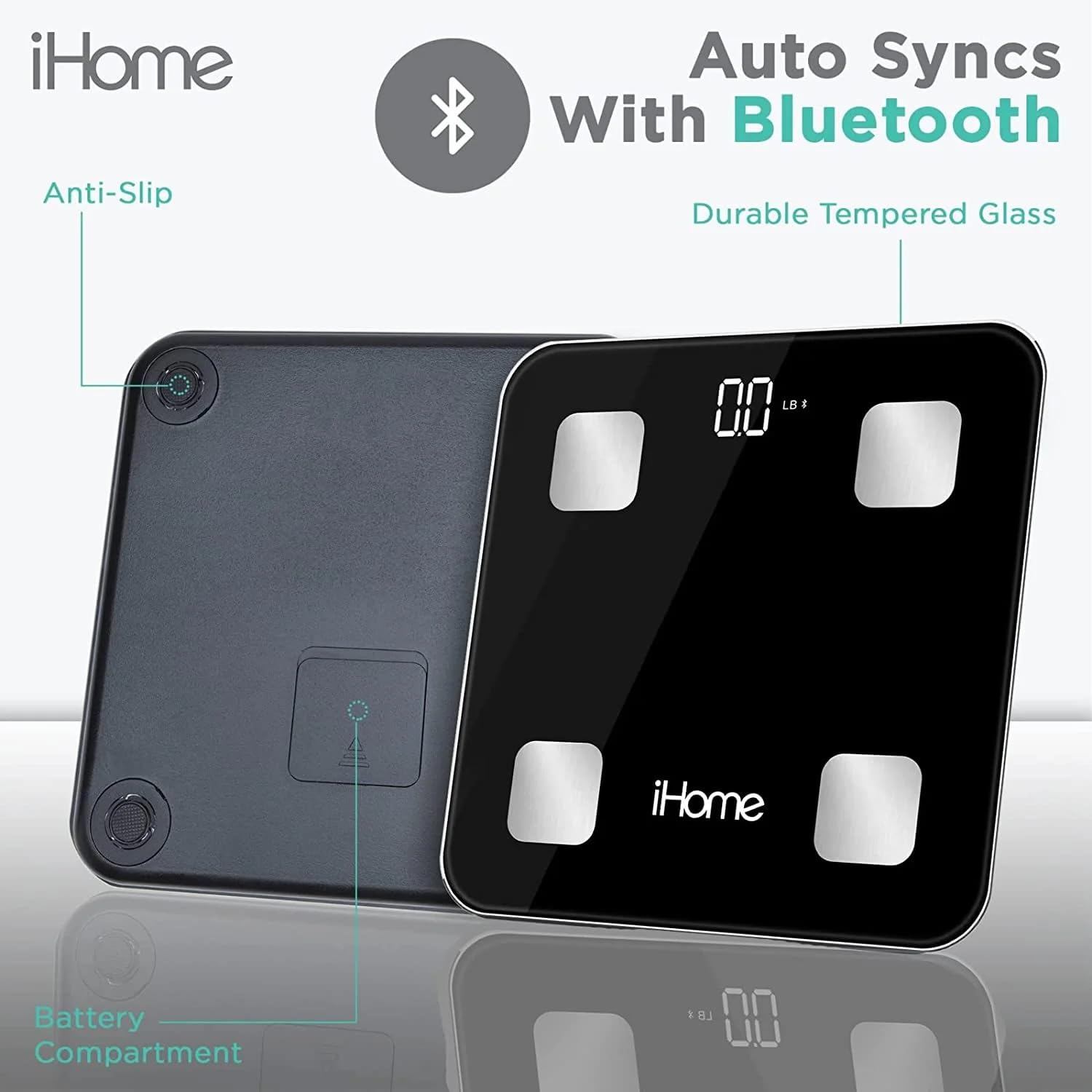 iHome Báscula digital inteligente Bluetooth para peso corporal, báscula de peso con 14 indicadores, incluyendo IMC, grasa corporal, masa muscular, baterías incluidas (Bluetooth inteligente negro)