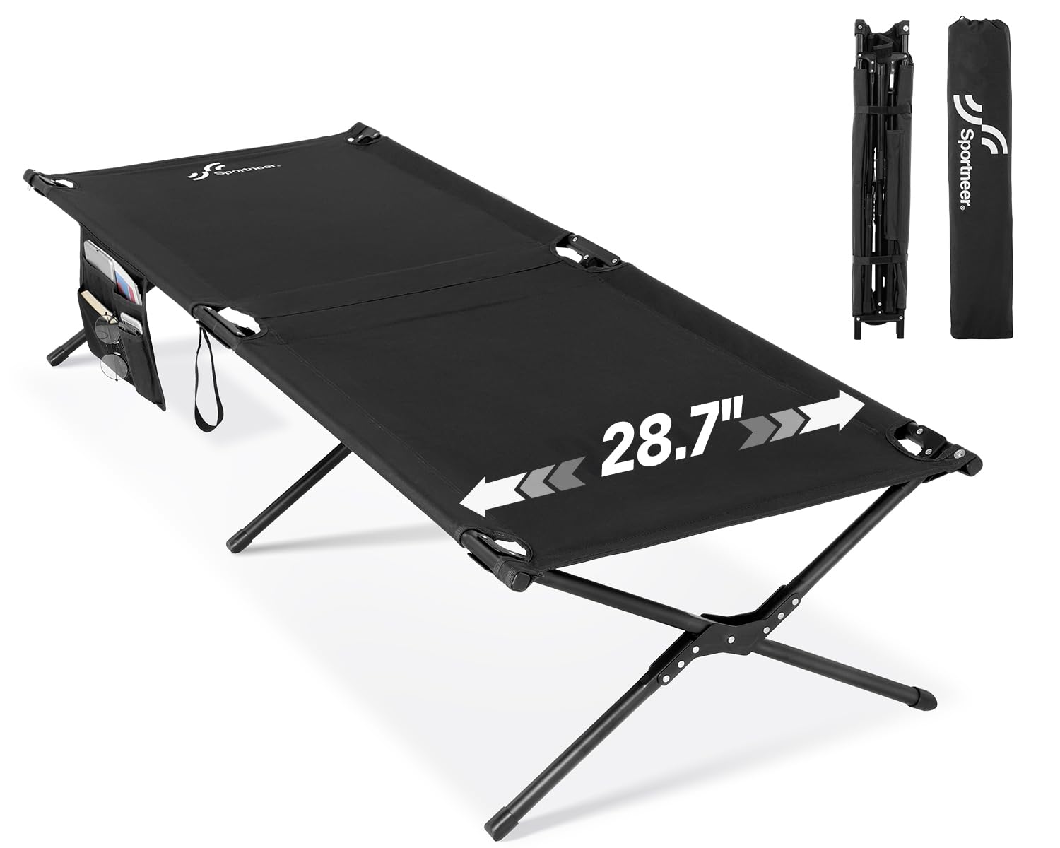 Sportneer Camping Cot: 78.3"x28.7"x14.6" Comfort Cot Bed for Camping Traveling Guest Bed, Sleeping Cots for Adults with Side Pockets & Storage Bag - Ease of Assembly, Support 330 Lbs