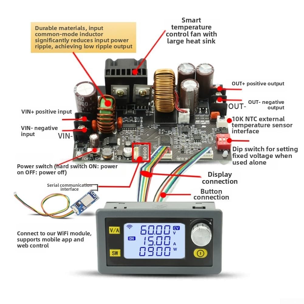 XY6015L Alimentatore DC regolabile 0-60V 0-15A 900W con display LCD e interfaccia Modbus per applicazioni CNC e di laboratorio (B)