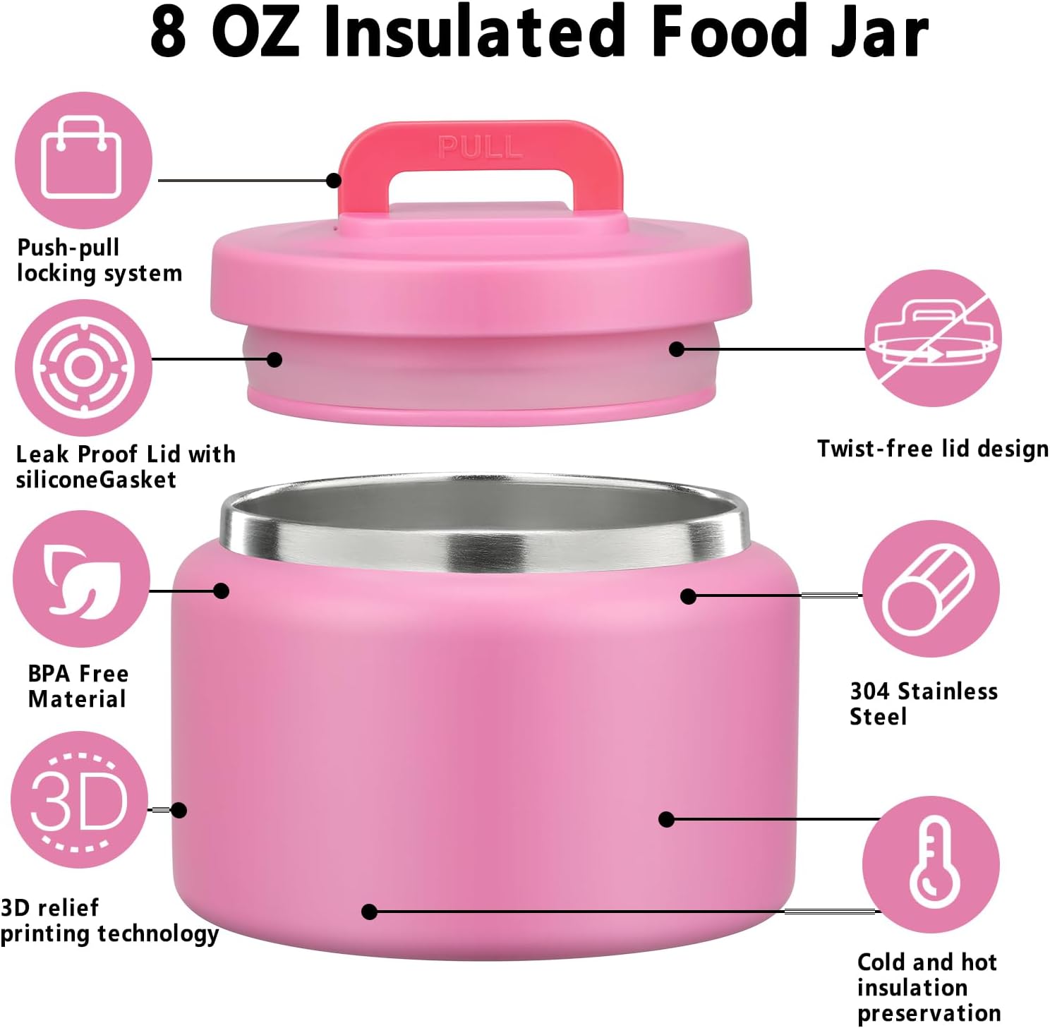 8 Oz Thermo Food Jar for Hot & Cold Food for Kids, Insulated Lunch Containers Hot Food Jar,Leak-Proof Vacuum Stainless Steel Wide Mouth Lunch Soup Thermo for School (Rose Red) - Image 2