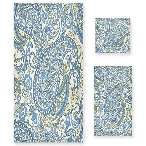 ALAZA Towel Bathroom Sets, Paisley Damascus Flower Blue Mandala Towels 3-Piece 1 Bath Towel 1 Washcloth 1 Hand Towel, Bath Towel Set of 3 Soft Multifuntion for Home Kitchen Hotel Gym Swim Spa