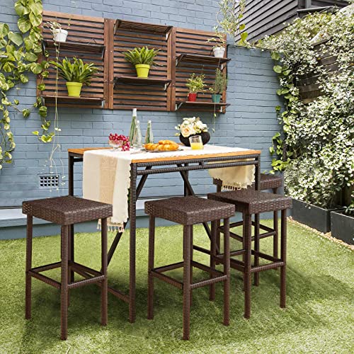 Tangkula Outdoor Bar Stool Set Of 2, Patio Rattan Bar Chairs W/Galvanized Steel Frame, Anti-Slip Footpads & Cozy Footrests, Bar Height Chairs For Poolside, Outdoor Bar, Backyard (1, Mix Brown) #TOP4