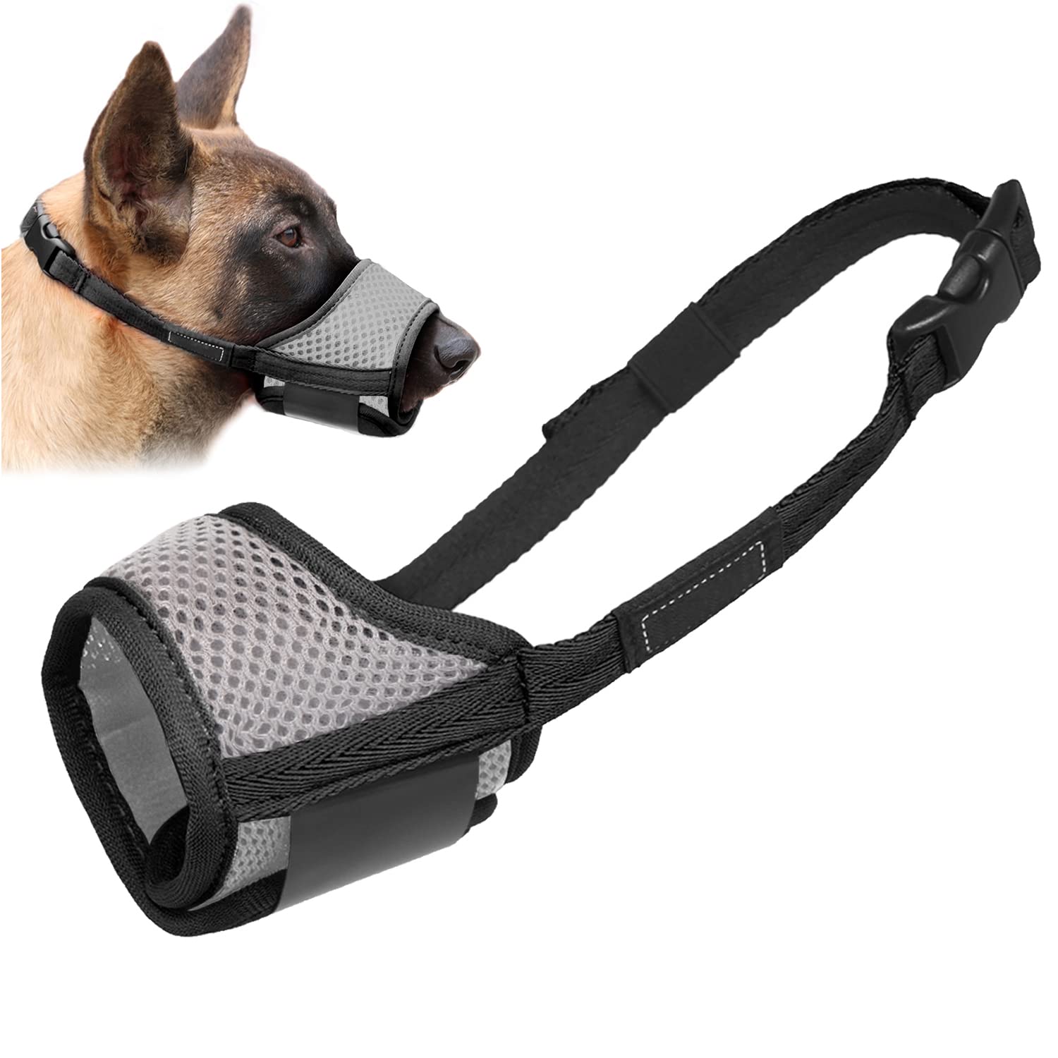 Dog Muzzle Anti Biting Barking and Chewing with Comfortable Mesh Soft Fabric and Adjustable Strap, Suitable for Small, Medium and Large Dogs(Gray Base,L)