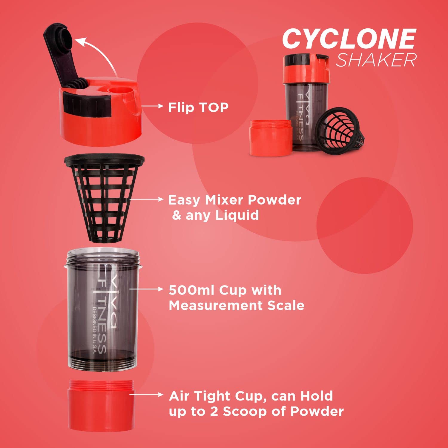 Viva Fitness 500 ml Cyclone Plastic Gym Shaker Bottle with Measurement scale, protein shaker for workout (Red-Black) 2