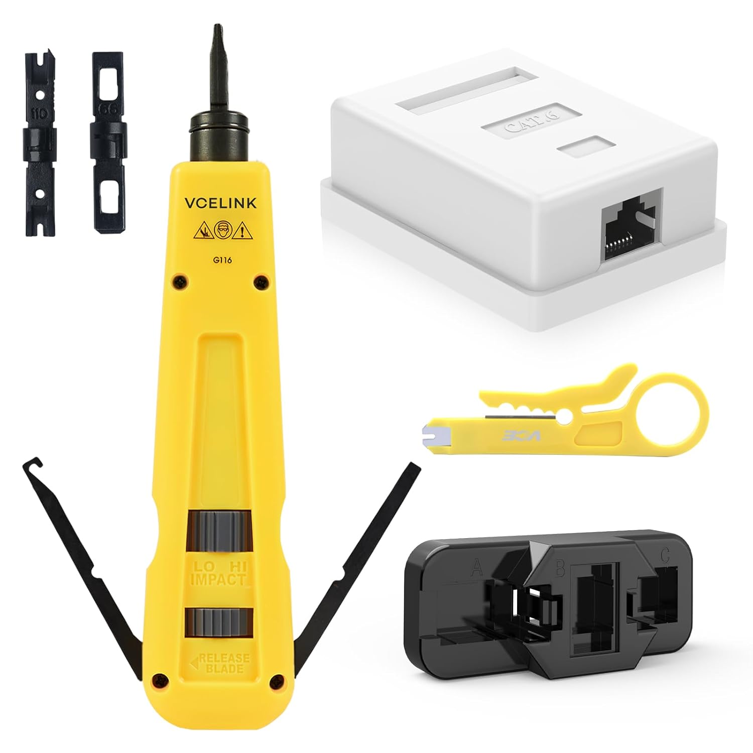 VCELINK 5-Pack Cat6 Keystone Surface Mount Box 1-Port Bundle with Punch Down Impact Tool with Punchdown Stand and Mini Wire Stripper Cutter