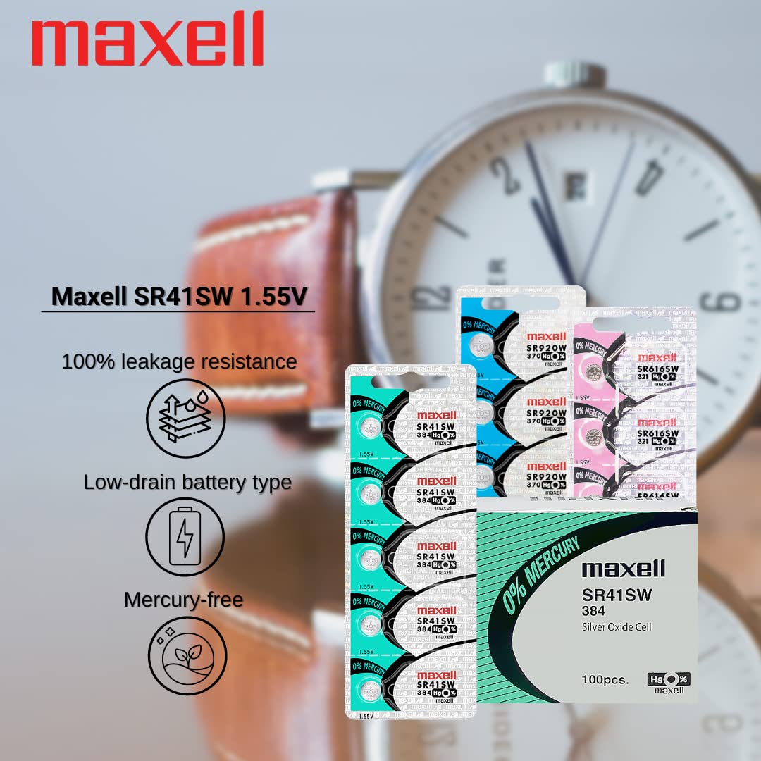 Maxell Watch Battery Button Cell SR41SW 384 Pack of 5 Batteries