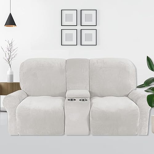 Vista 25 de cjc Funda reclinable con funda de consola central, 8 piezas de terciopelo elástico para sofá reclinable seccional con portavasos, funda reclinable