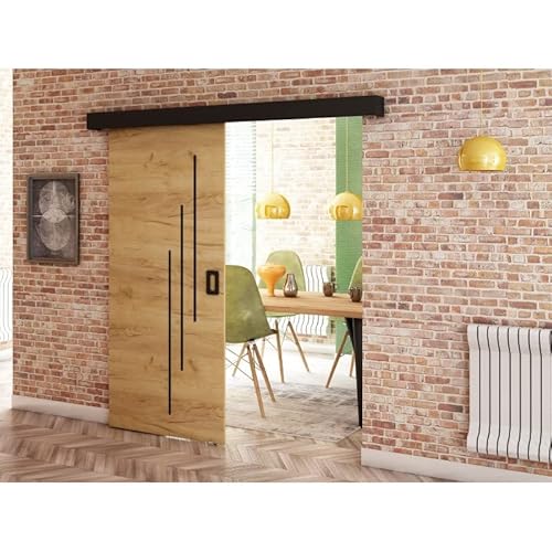 Ensemble Porte coulissante avec rail - Kit Porte Suspendue interieur et Quincaillerie Sliding Barn Door - 90x204cm - MAY VI (Avec Système Soft-Close, Chêne doré) Cover