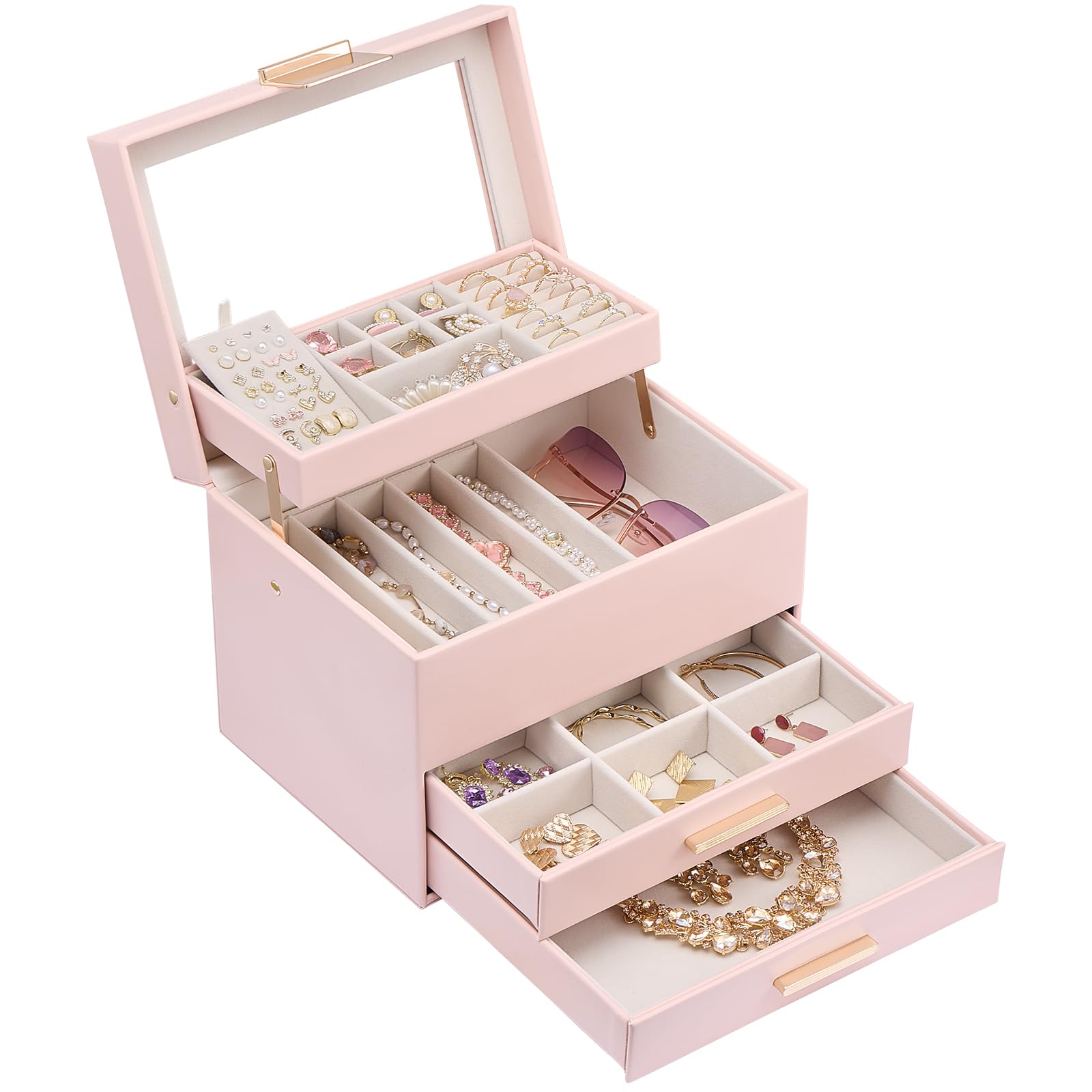 Lolalet Schmuckkästchen, Schmuck Organizer Schmuckbox Schmuckaufbewahrung mit Glasdeckel für Halsketten Ohrringe Armbänder -Rosa, 4 Ebenen
