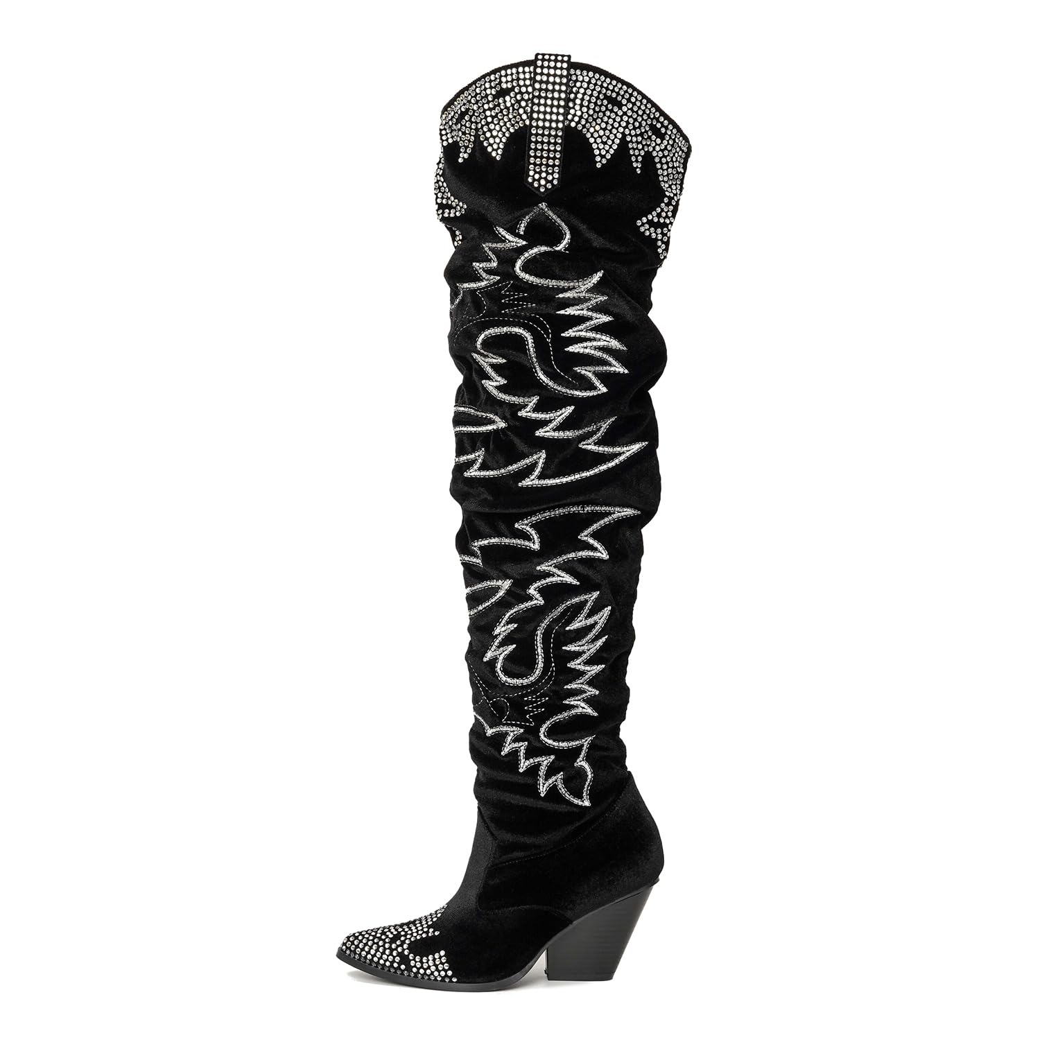 Cape Robbin Women's Rhinestone Embroidered Cowboy Boots Thigh High Slouchy Wide Calf Pull On Over The Knee Boots with Memory Foam Insole & 3 Inch Heel