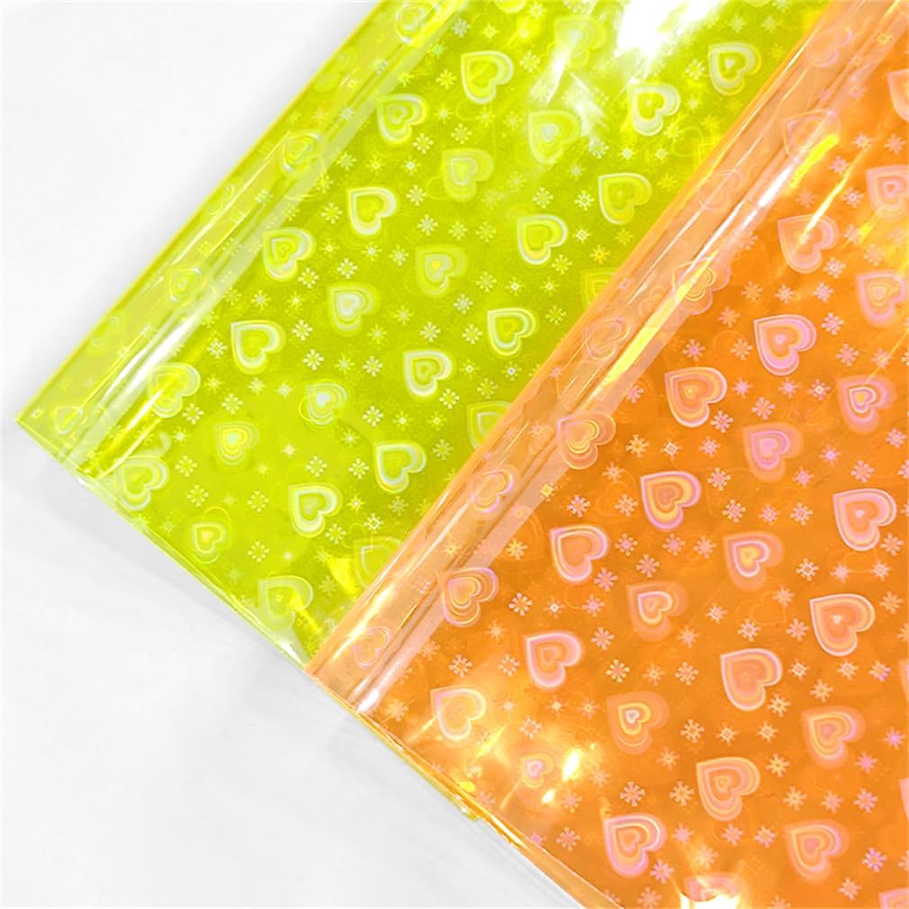 6 Pcs/Set 8.3"x11.8" Candy Color Jelly Vinyl Sheets, Fluorescent Neon Heart Pattern Clear PVC Faux Leather for Hair Bows Pouches Making, Iridescent Pattern image 4